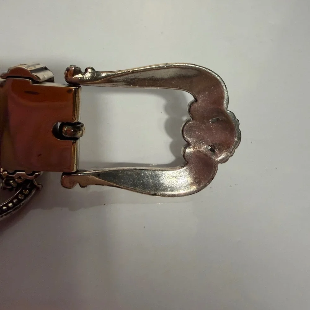 Brighton Black Croc Embossed Leather Belt Silver Heart Charm Buckle Western 34